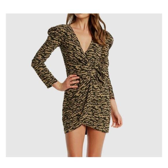 Bardot Animal Print Tracey Twist Black Puff Long Sleeves Mini Wrap Dress Size S - Picture 1 of 14